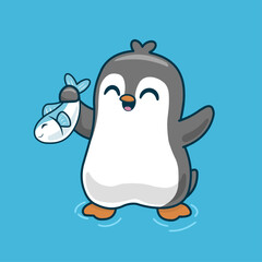 Cute vector illustration of a happy penguin catching fresh fish for its lunch.
