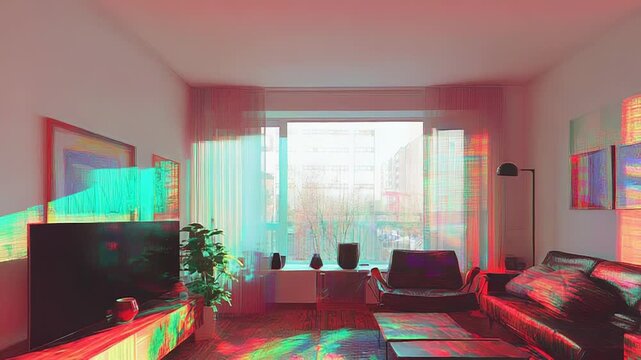Modern living room showing chromatic aberration effect with big window