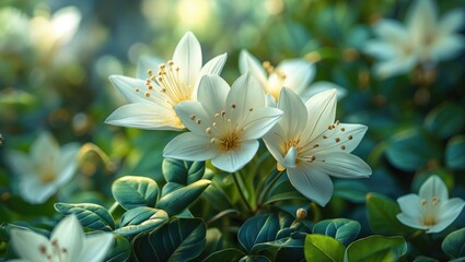 Fototapeta premium White flowers blooming among green leaves with a natural background. Botanical and floral, nature, and garden imagery.
