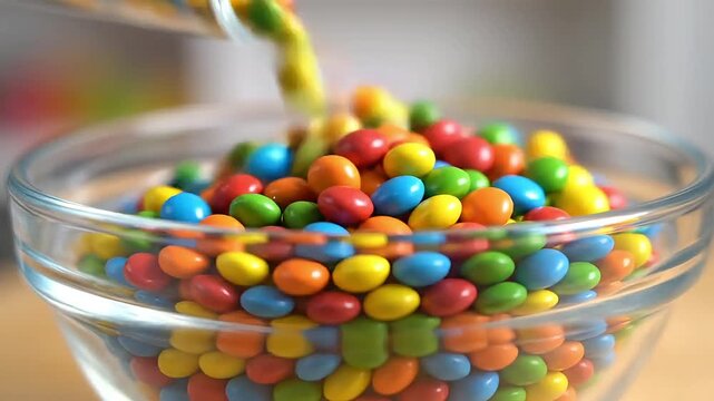 Colorful candy-coated chocolates being poured into a clear glass bowl, creating a sweet and vibrant treat.