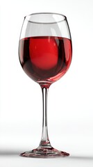 A hyper-realistic glass filled with rich red wine stands elegantly against a simple white backdrop, highlighting the interplay of light on the glass and wine