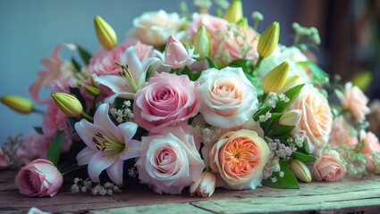 Bouquet of pink and white roses with lilies and baby's breath on a wooden surface. Flowers arrangement for celebration or special occasion. Floral decoration and design.