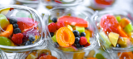 Boxes with pre-packaged fruit salads in a commercial fridge