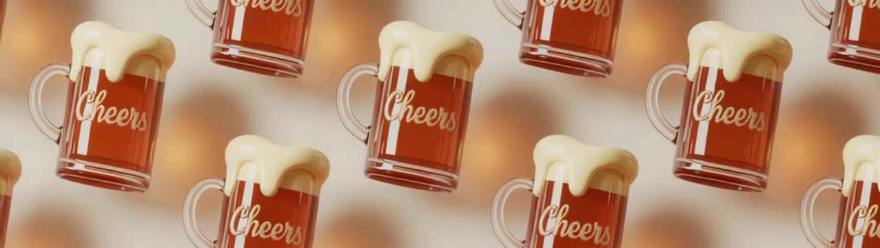 Overflowing beer mugs with the word cheers are floating on warm background, creating a festive atmosphere.