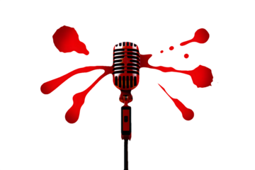 Vintage microphone with blood splatters isolated on transparent background, symbolizing crime podcasting and true crime