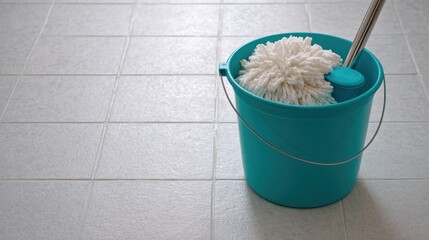 Teal bucket filled with a mop sits on a freshly cleaned tiled floor, showcasing an organized space during a spring cleaning effort in a home