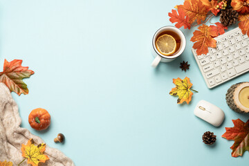 Autumn office workspace. Fall flat lay background.
