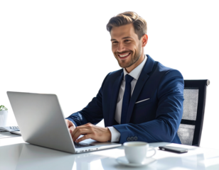  Smiling Businessman Typing on Laptop at Modern Office Desk, Transparent PNG 