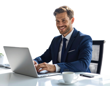  Smiling Businessman Typing on Laptop at Modern Office Desk, Transparent PNG 