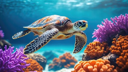 Fototapeta premium Colorful ocean scene with a turtle swimming near vibrant coral reef. Marine life and underwater ecosystem. The image of a turtle among coral and fish.