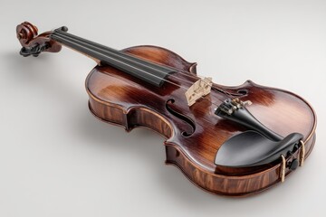 Obraz premium A beautifully crafted violin rests on a white background, highlighting its glossy finish and detailed features. The warm wood tones reflect natural light, showcasing elegance and artistry