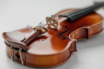 Fototapeta premium A finely crafted violin rests on a white background, showcasing its smooth wood finish, shiny strings, and meticulous design elements that reflect musical elegance and tradition