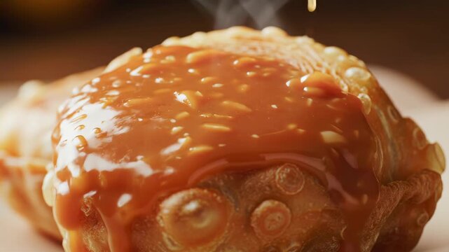 Close-up of a golden, intricately layered pastry or dessert food