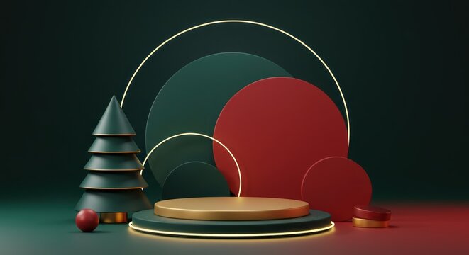 Christmas themed product display with tree geometric shapes and golden platform.
