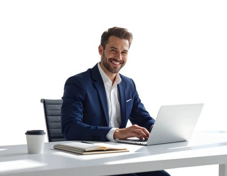  Smiling Businessman Typing on Laptop at Modern Office Desk, Transparent PNG - Powered by Adobe