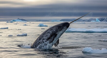 Arctic Unicorn: A Majestic Narwhal Breaches, Tusk Pointed Skyward Amidst Icebergs.
