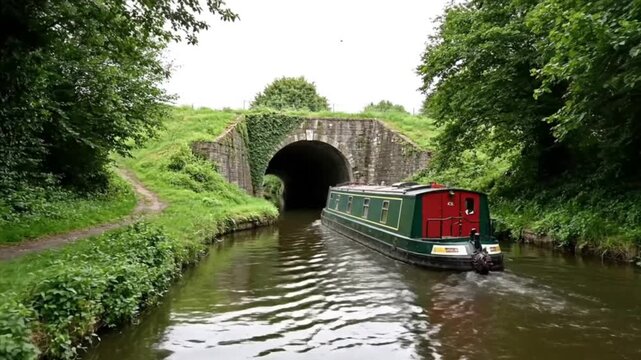 A canal boat heads towards a stone tunnel framed by lush greenery and a towpath
