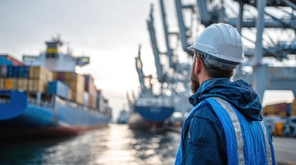 A worker in a white helmet and blue vest stands at a busy port, watching cargo ships being loaded with containers as the sun rises over the horizon, signaling the start of a new day