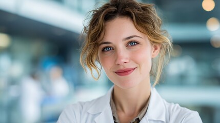 A confident young female doctor smiles while wearing a white coat in a contemporary medical facility. Her bright blue eyes convey determination and professionalism as she engages with her environment