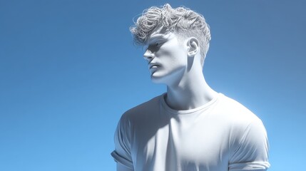 Obraz premium A young man stands confidently in a white t-shirt, showcasing his profile against a solid blue background. The isometric perspective highlights his features and casual style
