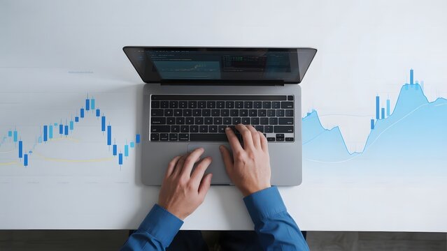 Person typing on a laptop with financial charts in the background