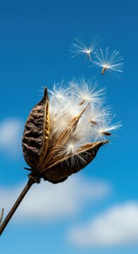Dried seed pod releasing seeds against a vibrant blue sky