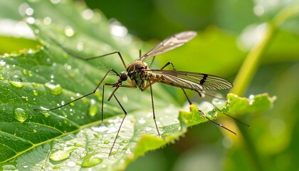 Crane fly on dewy leaf