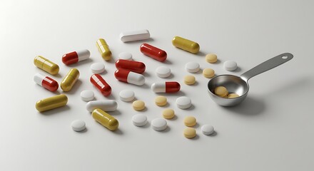 Assorted pills and tablets scattered on a white surface with a metal spoon nearby