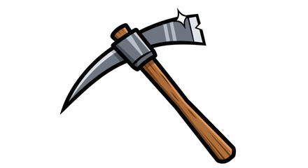 Cartoon illustration of a classic mining pickaxe with a wooden handle and a chipped metal head.