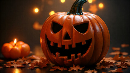 Carved Halloween Pumpkin with Glowing Face and Autumn Leaves on Dark Background