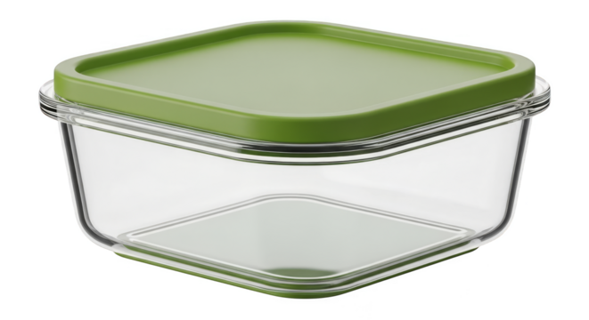 Square glass container with green lid