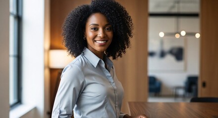 Confident Black Woman with Natural Hair, Radiating Professionalism and Poise in the Office