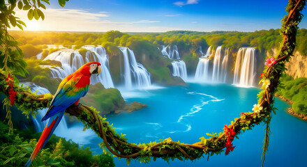 Tropical Paradise with Colorful Macaw Parrot and Majestic Waterfall