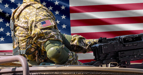 Fototapeta premium United States of America flag with soldier at machinegun turret