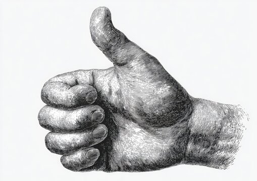Detailed black and white illustration of a hand giving a thumbs up gesture, showcasing meticulous anatomical accuracy.