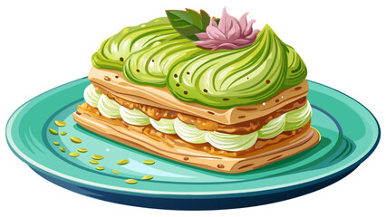 Millefoglie al pistacchio layers puff pastry with rich pistachio cream, dusted with sugar. On a sleek plate, isolated background highlights Sicilian elegance, indulgence, and Italy’s love for vibrant 