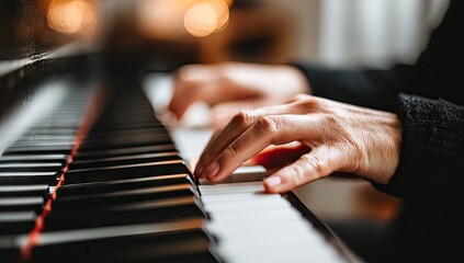 Obraz premium Close-up view of hands playing a piano, showcasing the intricate details of the keys and fingers in motion.