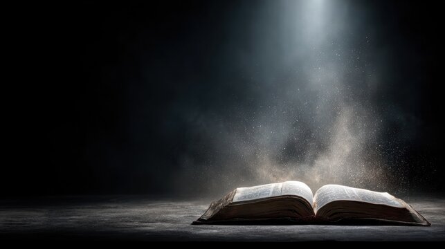 An open Bible lays illuminated softly with a warm glow amidst a dark background. Dust particles dance in the light, creating an atmosphere of tranquility, perfect for contemplation