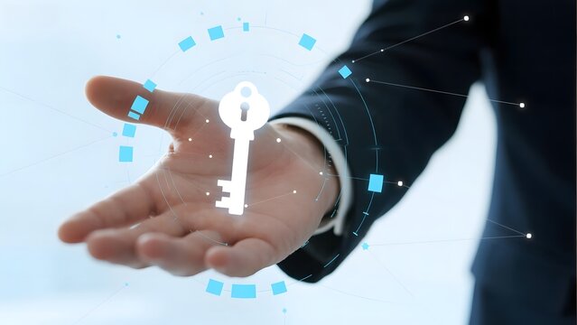 Businessman presenting a digital key with network connections, symbolizing cybersecurity or access control. - Powered by Adobe