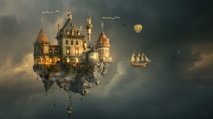 Fantasy Castle Floating in Sky Surrounded by Airship Hot Air Balloons and Birds During Dramatic Sunset