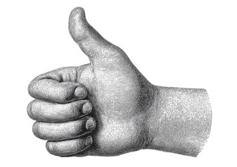 Detailed illustration of a hand giving a thumbs-up gesture, showcasing intricate line work and grayscale tones.