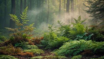 Obraz premium A lush forest scene with ferns and green foliage, illuminated by soft morning light filtering through the trees.