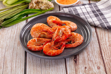 Delicous boiled tiger prawn with sauce