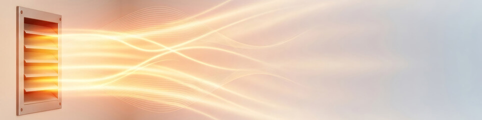 Air vent with bright glowing hot air coming out. Heating system, ventilation technology and climate control concept. Warm air flow for interior comfort.