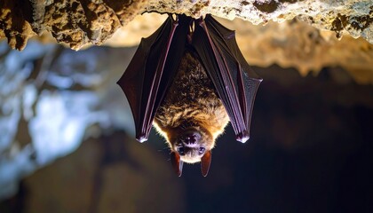An upside-down bat, eyes catching faint cave light in the darkness