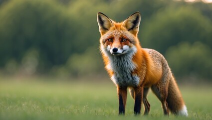 Fototapeta premium A fox standing on grass in a natural setting with blurred greenery in the background.