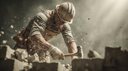 A builder in protective gear uses a hammer to break concrete blocks at a construction site. Dust fills the air as he concentrates on the task at hand, showcasing hard work and dedication