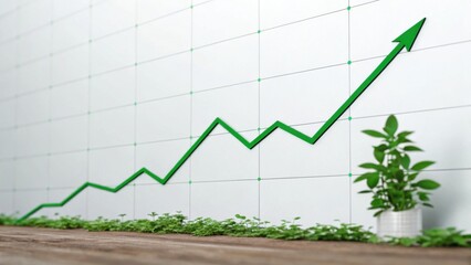 A green upward trend line on a graph, with a potted plant in the foreground, symbolizing growth and prosperity in a modern, minimalistic environment.