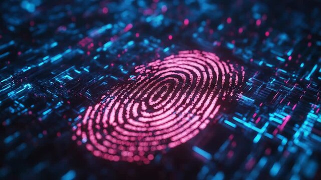 Glowing fingerprint scanning on futuristic circuit board for biometric security
