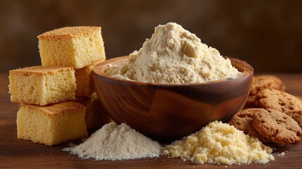 Wooden bowl of sugar powder and gingerbread cookies on dark brown background, warm natural lighting, food photography